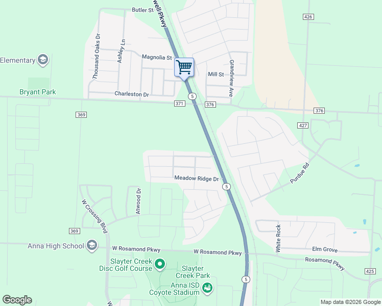map of restaurants, bars, coffee shops, grocery stores, and more near 200 Meadow View Lane in Anna