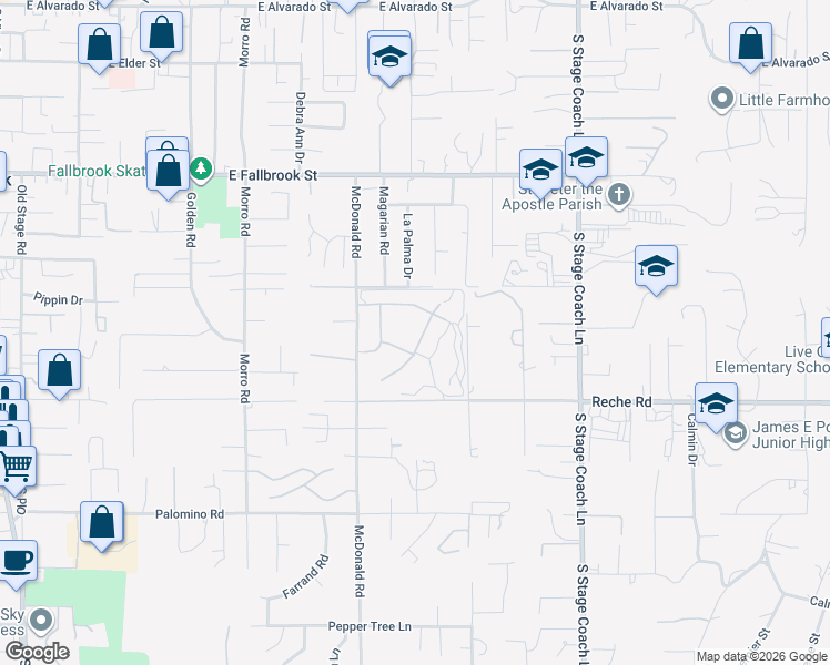 map of restaurants, bars, coffee shops, grocery stores, and more near 957 Ridge Heights Drive in Fallbrook