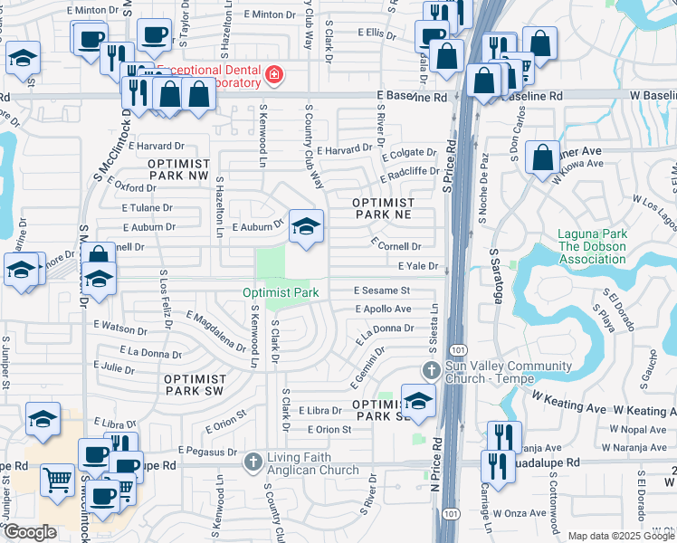 map of restaurants, bars, coffee shops, grocery stores, and more near 2028 East Yale Drive in Tempe