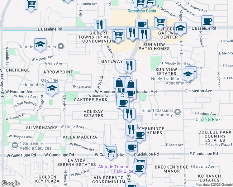map of restaurants, bars, coffee shops, grocery stores, and more near 1155 North Ash Street in Gilbert
