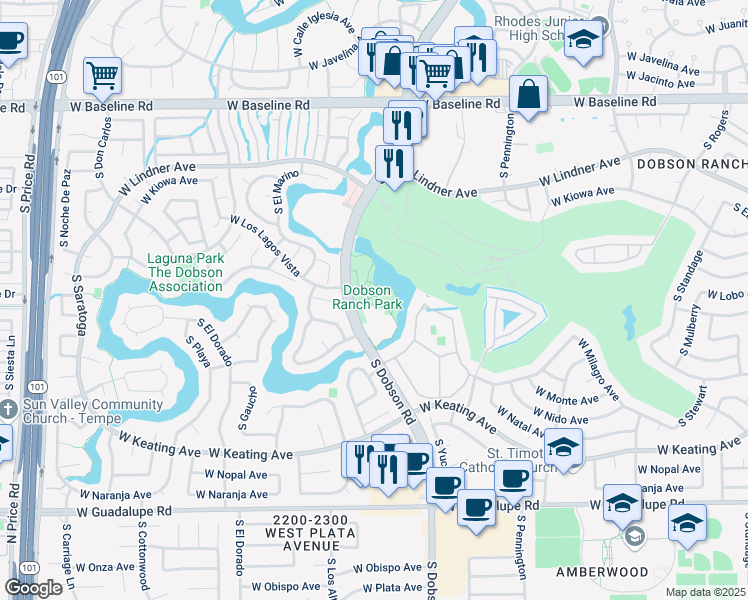 map of restaurants, bars, coffee shops, grocery stores, and more near 2359 South Dobson Road in Mesa