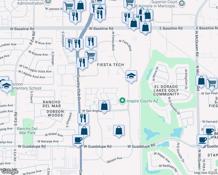 map of restaurants, bars, coffee shops, grocery stores, and more near 2200 West San Angelo Street in Gilbert