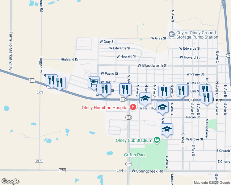 map of restaurants, bars, coffee shops, grocery stores, and more near 1110 West Elm Street in Olney