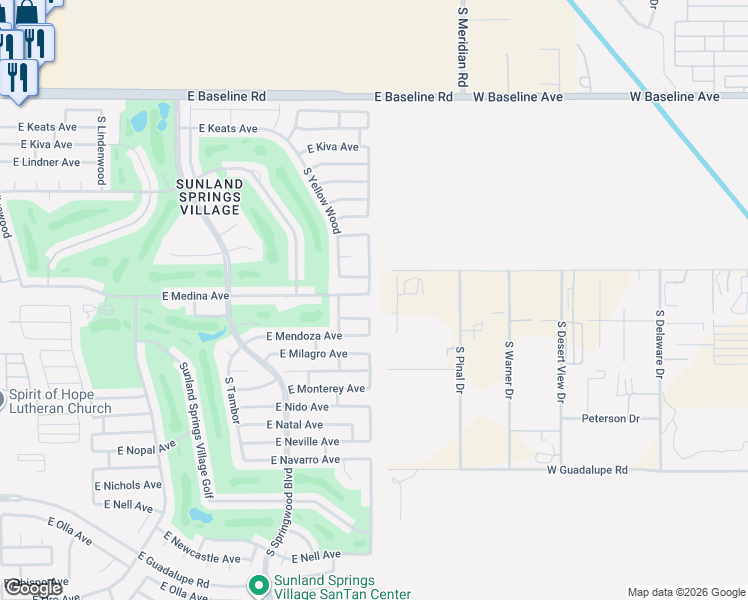 map of restaurants, bars, coffee shops, grocery stores, and more near 11538 East Medina Avenue in Mesa