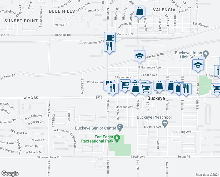 map of restaurants, bars, coffee shops, grocery stores, and more near 106 East Roosevelt Avenue in Buckeye