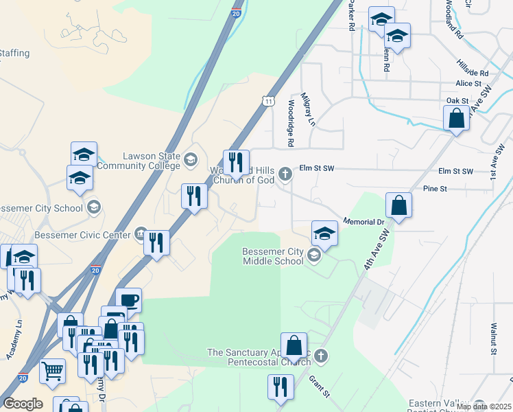 map of restaurants, bars, coffee shops, grocery stores, and more near 91 Timberline West in Bessemer