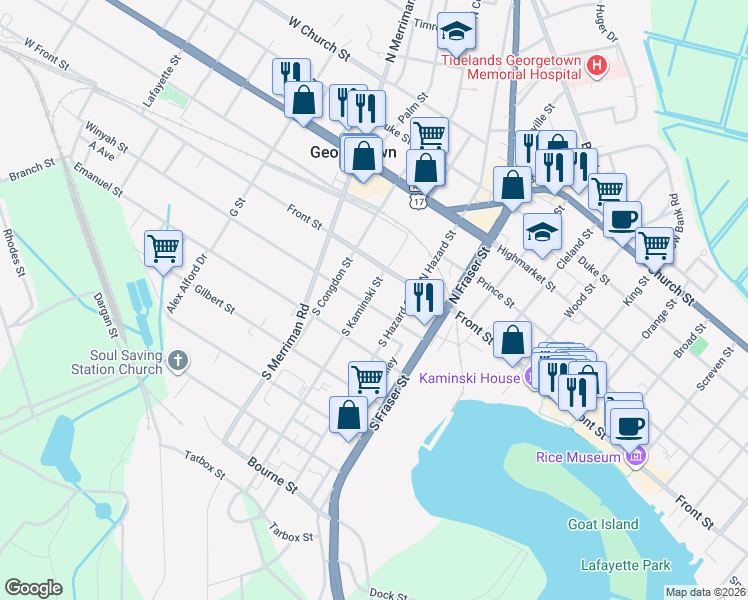 map of restaurants, bars, coffee shops, grocery stores, and more near 1521 Front Street in Georgetown