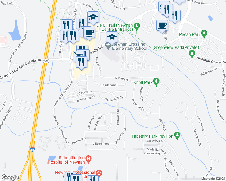 map of restaurants, bars, coffee shops, grocery stores, and more near 217 Southwind Lane in Newnan