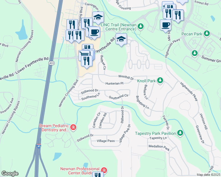 map of restaurants, bars, coffee shops, grocery stores, and more near 258 Stillwood Drive in Newnan