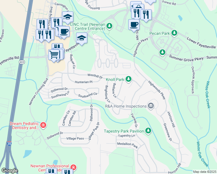 map of restaurants, bars, coffee shops, grocery stores, and more near 22 Brightling Lane in Newnan