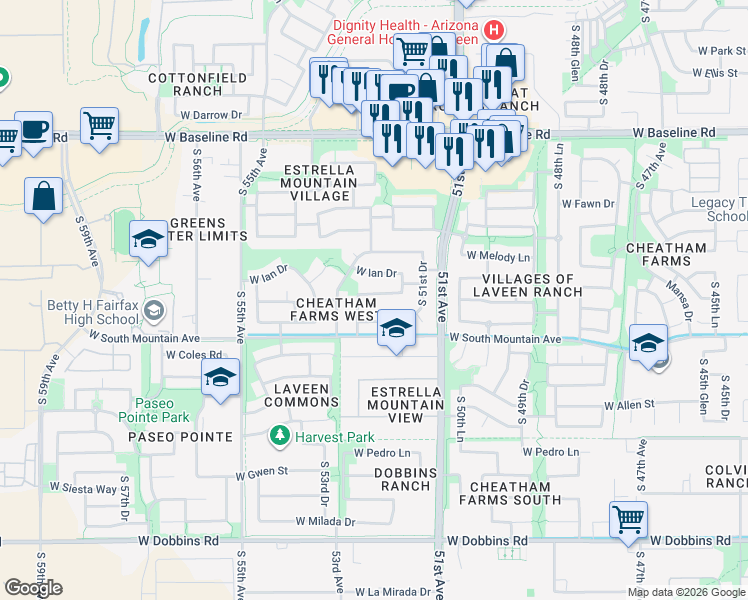map of restaurants, bars, coffee shops, grocery stores, and more near 5216 West Desert Lane in Phoenix