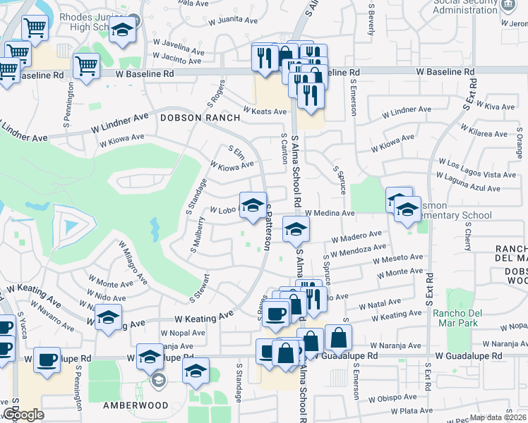 map of restaurants, bars, coffee shops, grocery stores, and more near 1265 West Lobo Avenue in Mesa