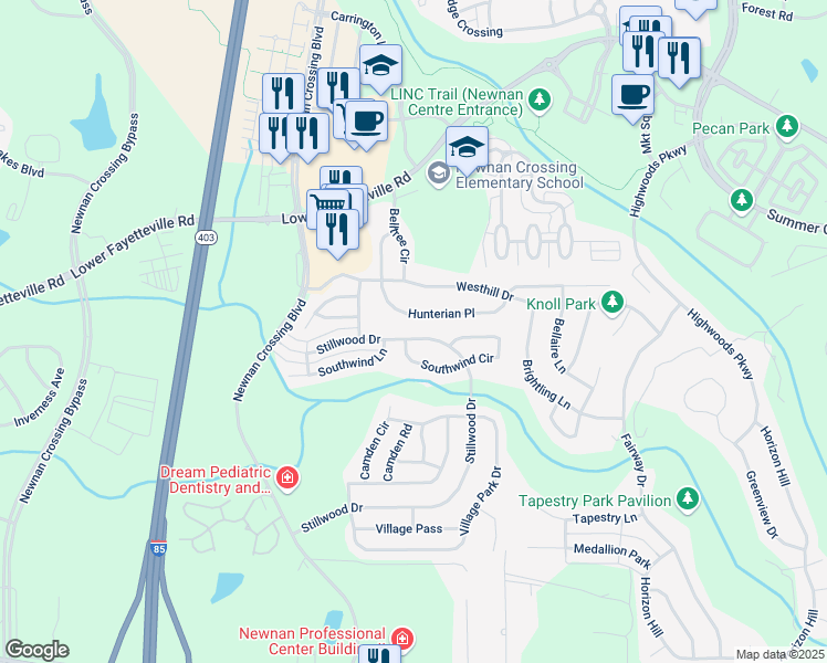 map of restaurants, bars, coffee shops, grocery stores, and more near 250 Stillwood Drive in Newnan