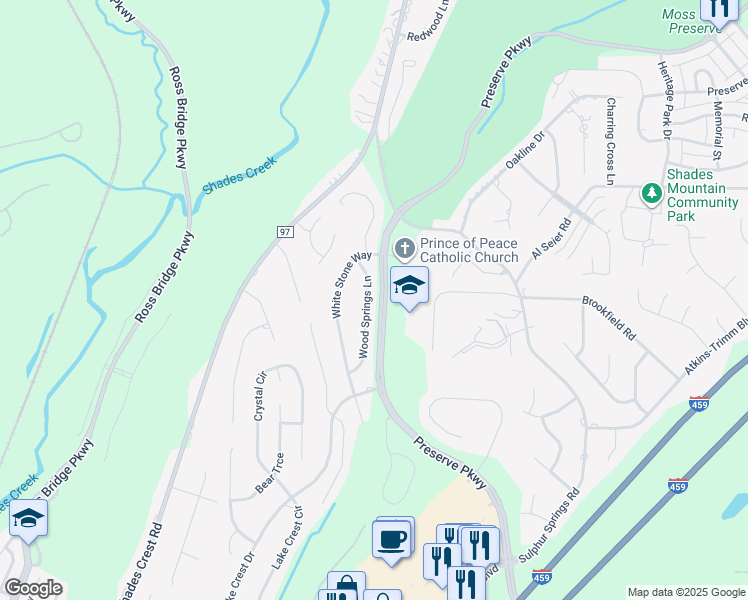 map of restaurants, bars, coffee shops, grocery stores, and more near 4830 Wood Springs Lane in Hoover
