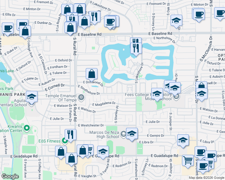 map of restaurants, bars, coffee shops, grocery stores, and more near 1012 East Driftwood Drive in Tempe