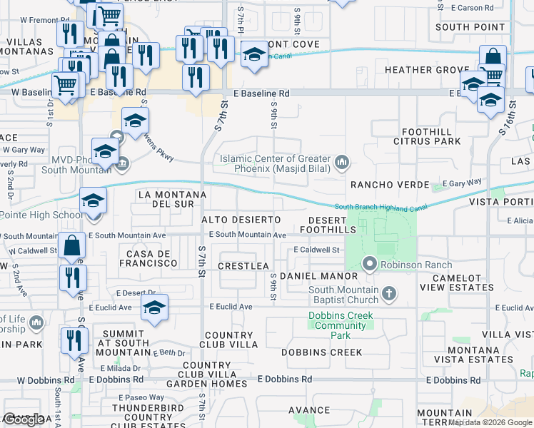 map of restaurants, bars, coffee shops, grocery stores, and more near 8202 South 9th Street in Phoenix
