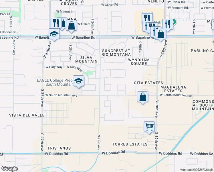 map of restaurants, bars, coffee shops, grocery stores, and more near 8214 South 22nd Lane in Phoenix