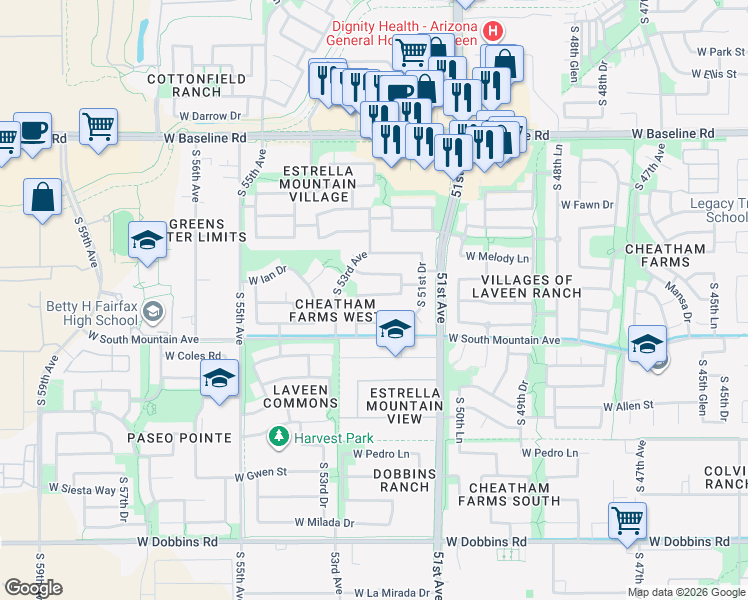 map of restaurants, bars, coffee shops, grocery stores, and more near 5216 West Desert Lane in Phoenix