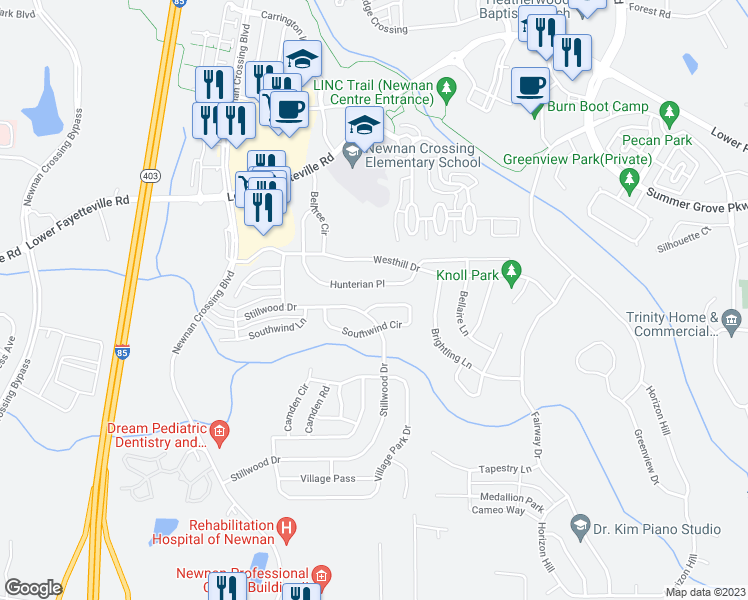 map of restaurants, bars, coffee shops, grocery stores, and more near 209 Southwind Circle in Newnan