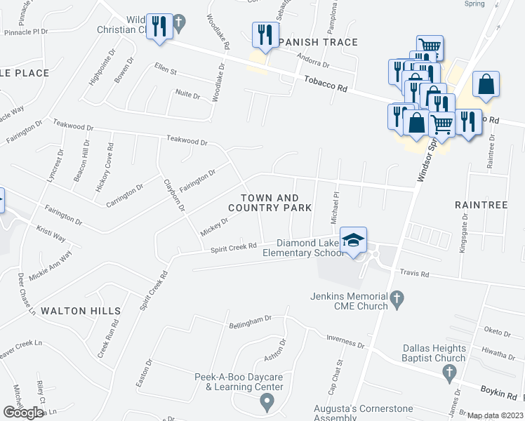 map of restaurants, bars, coffee shops, grocery stores, and more near 2515 Teakwood Drive in Hephzibah