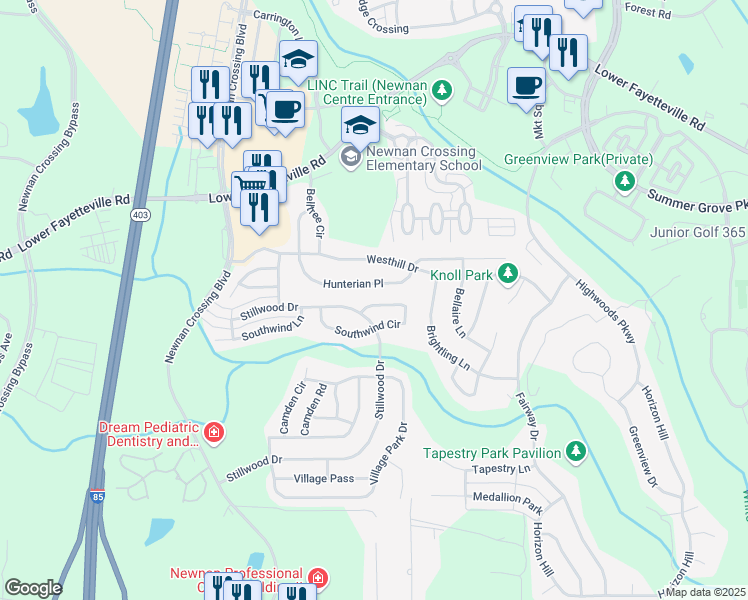 map of restaurants, bars, coffee shops, grocery stores, and more near 205 Southwind Circle in Newnan