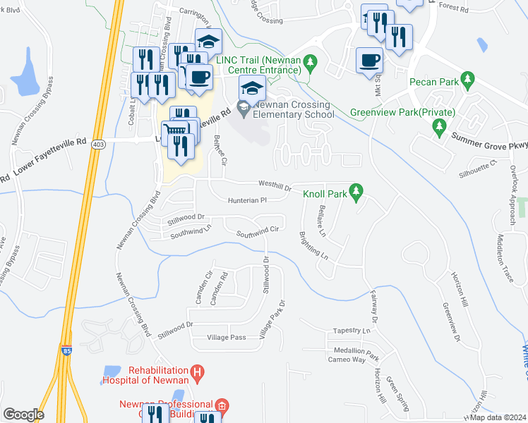 map of restaurants, bars, coffee shops, grocery stores, and more near 201 Southwind Circle in Newnan