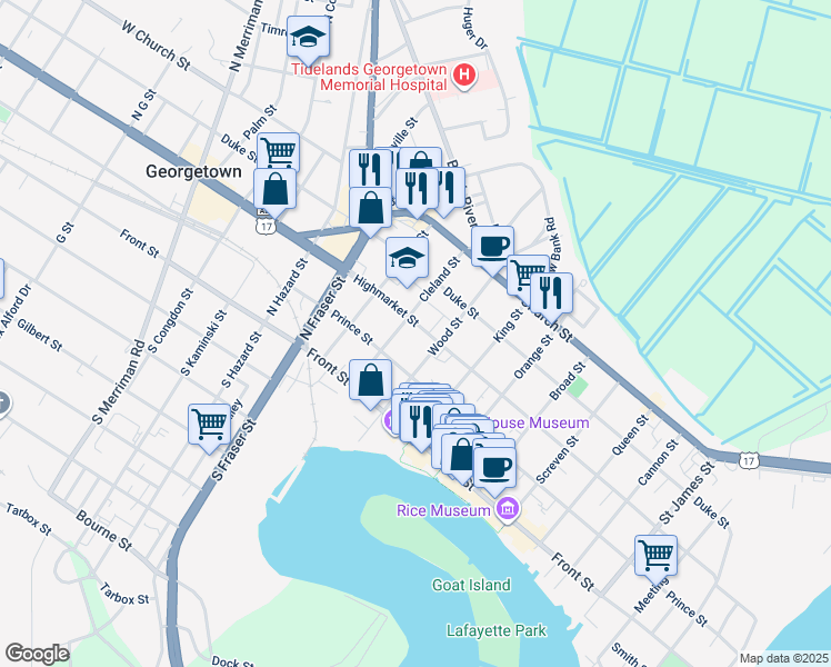 map of restaurants, bars, coffee shops, grocery stores, and more near 1121 Highmarket Street in Georgetown