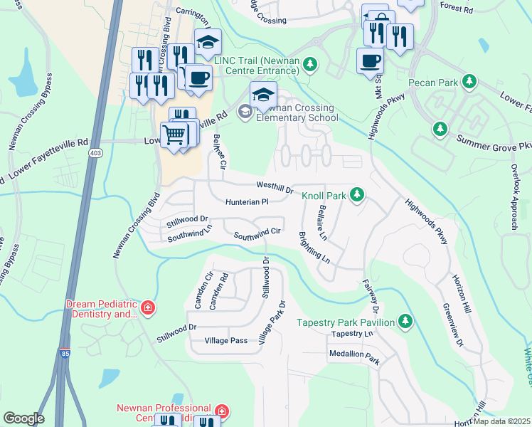map of restaurants, bars, coffee shops, grocery stores, and more near 197 Southwind Circle in Newnan