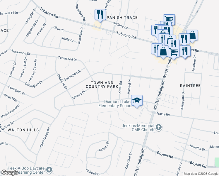 map of restaurants, bars, coffee shops, grocery stores, and more near 4112 Country Lane in Hephzibah