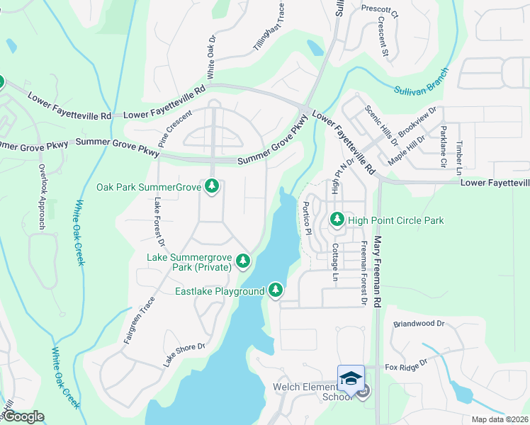 map of restaurants, bars, coffee shops, grocery stores, and more near Lake Forest Drive in Newnan