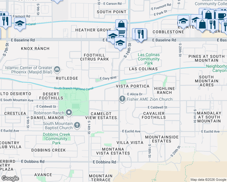 map of restaurants, bars, coffee shops, grocery stores, and more near 8228 South 15th Place in Phoenix