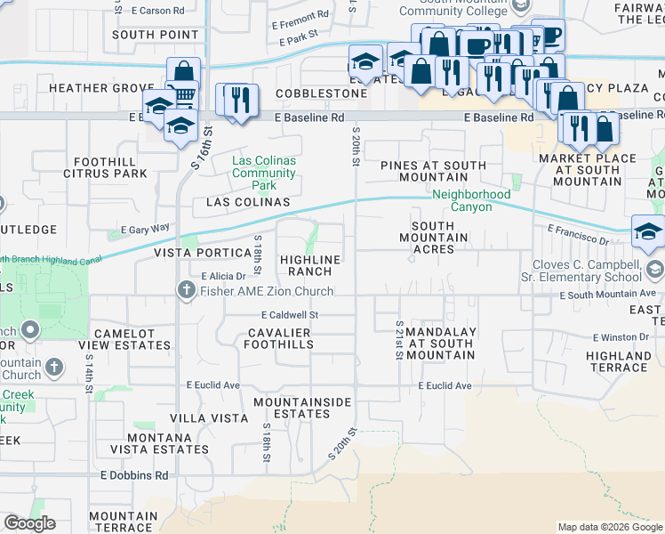 map of restaurants, bars, coffee shops, grocery stores, and more near 1924 East Latona Road in Phoenix