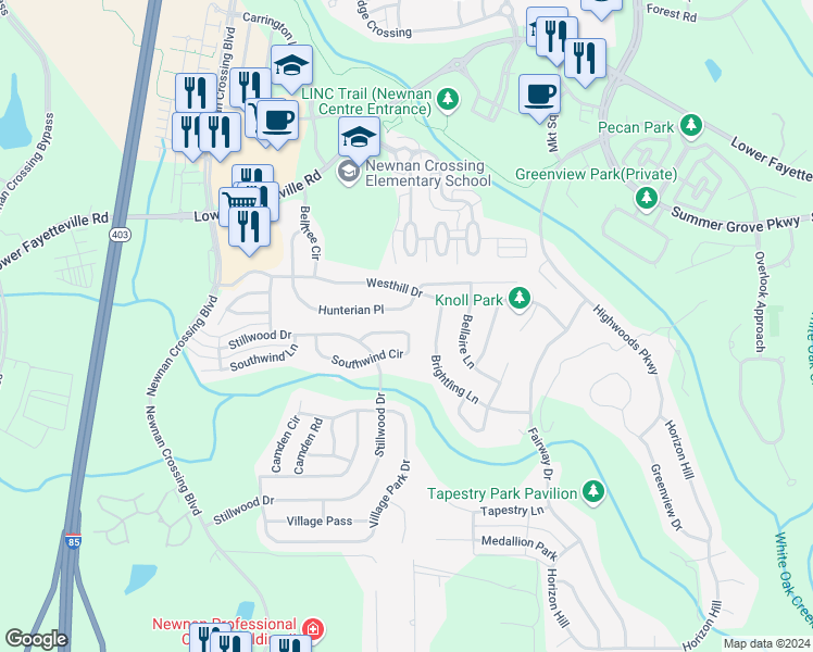 map of restaurants, bars, coffee shops, grocery stores, and more near 169 Southwind Circle in Newnan
