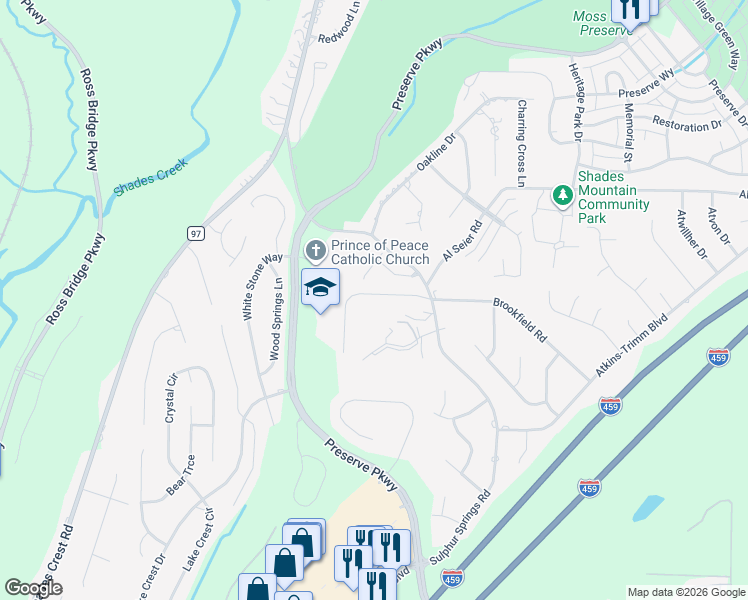 map of restaurants, bars, coffee shops, grocery stores, and more near 742 Highland Manor Court in Birmingham