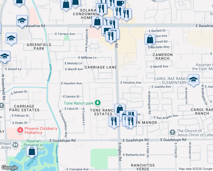 map of restaurants, bars, coffee shops, grocery stores, and more near 3158 East Juanita Avenue in Gilbert