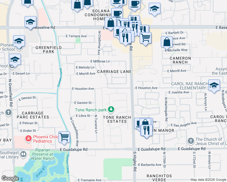 map of restaurants, bars, coffee shops, grocery stores, and more near 3088 East Juanita Avenue in Gilbert
