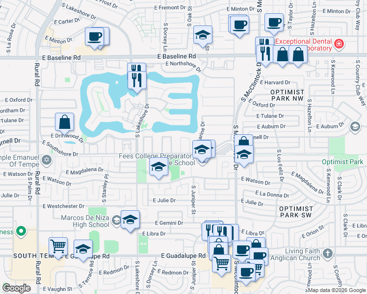 map of restaurants, bars, coffee shops, grocery stores, and more near 5620 South Crows Nest Road in Tempe