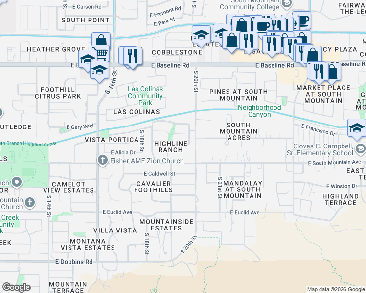 map of restaurants, bars, coffee shops, grocery stores, and more near 1924 East Latona Road in Phoenix