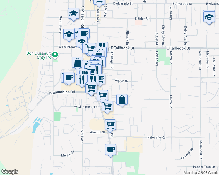 map of restaurants, bars, coffee shops, grocery stores, and more near 1118 Old Stage Road in Fallbrook