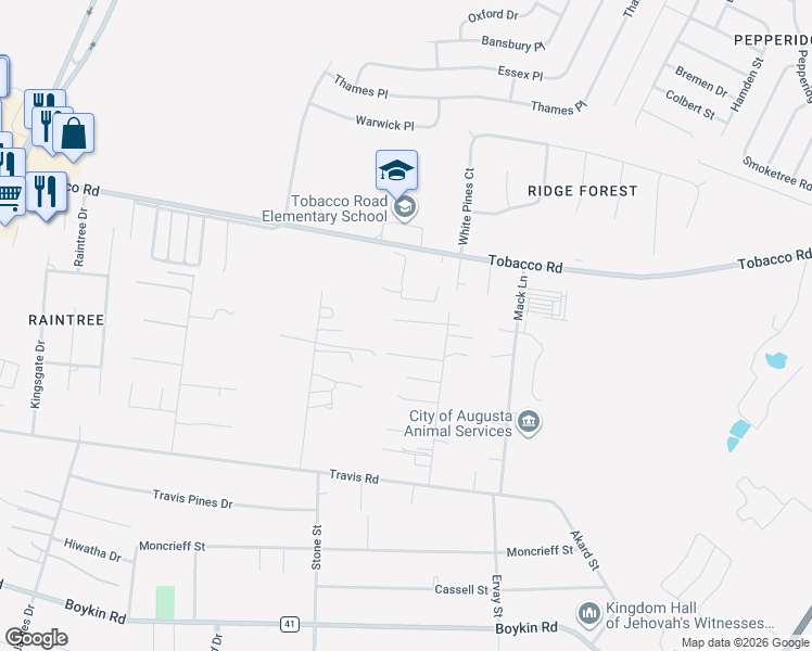 map of restaurants, bars, coffee shops, grocery stores, and more near 4113 Daisy Lane in Augusta