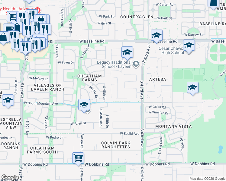 map of restaurants, bars, coffee shops, grocery stores, and more near 8217 South 45th Lane in Phoenix