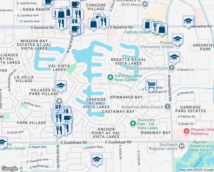 map of restaurants, bars, coffee shops, grocery stores, and more near 1934 East Cypress Tree Drive in Gilbert