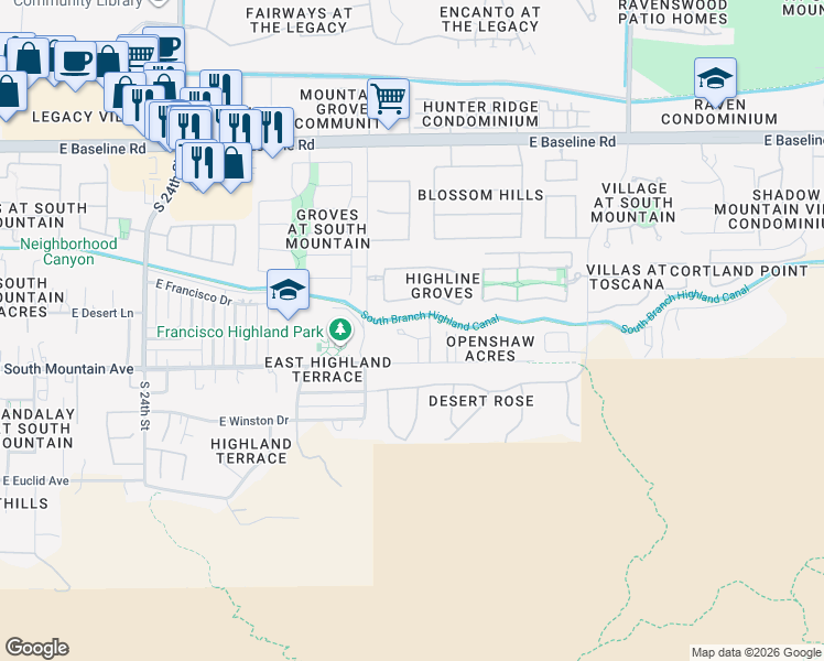 map of restaurants, bars, coffee shops, grocery stores, and more near 2810 East South Mountain Avenue in Phoenix