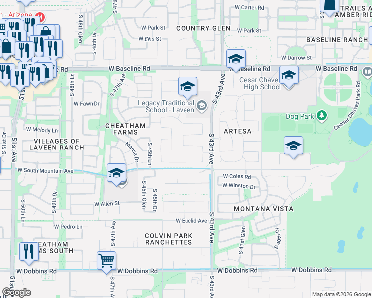 map of restaurants, bars, coffee shops, grocery stores, and more near 8402 South 43rd Avenue in Laveen