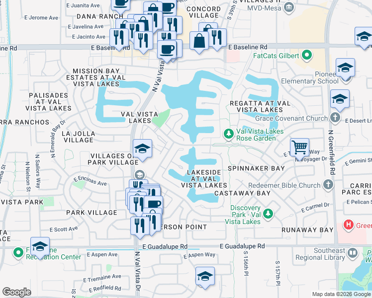 map of restaurants, bars, coffee shops, grocery stores, and more near 1157 North Date Palm Drive in Gilbert