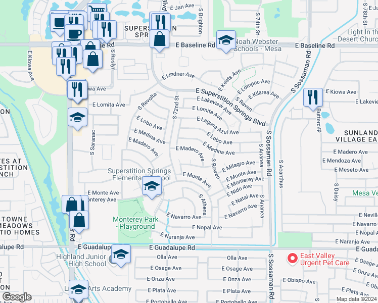 map of restaurants, bars, coffee shops, grocery stores, and more near 7255 East Madero Avenue in Mesa