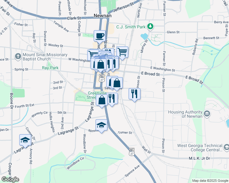 map of restaurants, bars, coffee shops, grocery stores, and more near 32 Salbide Avenue in Newnan