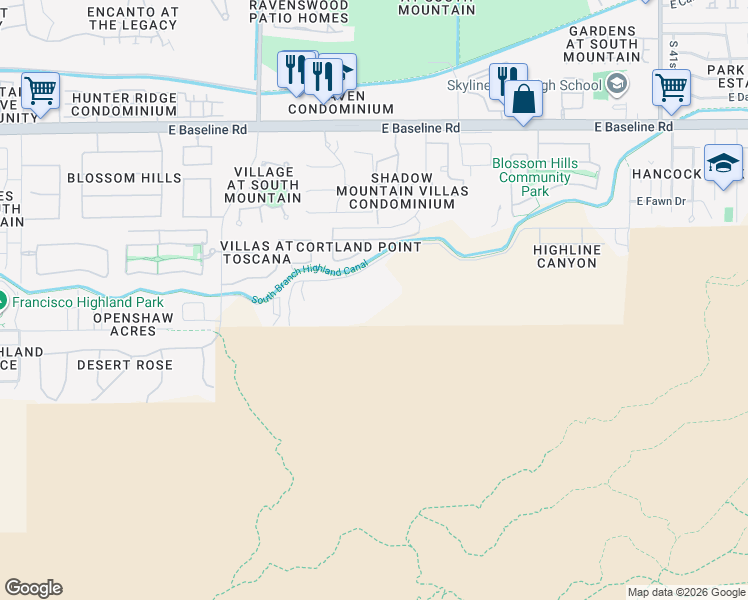 map of restaurants, bars, coffee shops, grocery stores, and more near 3505 East Highline Canal Road in Phoenix