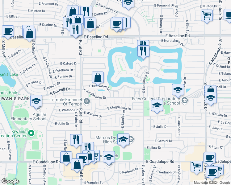 map of restaurants, bars, coffee shops, grocery stores, and more near 1012 East Driftwood Drive in Tempe