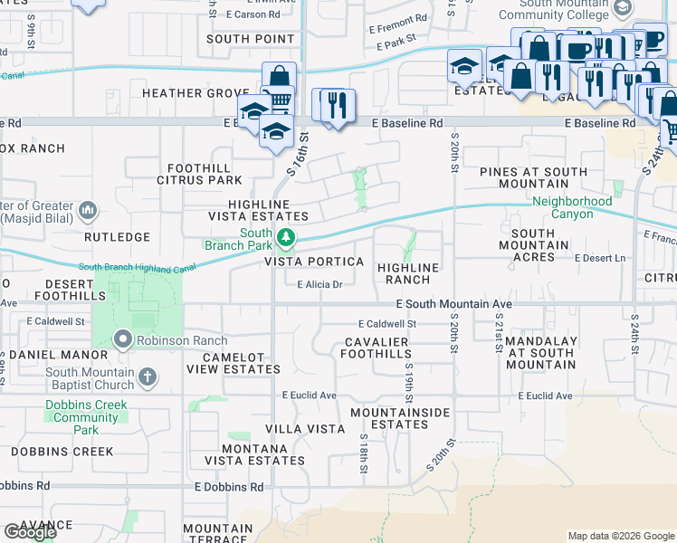 map of restaurants, bars, coffee shops, grocery stores, and more near 1723 East Desert Lane in Phoenix